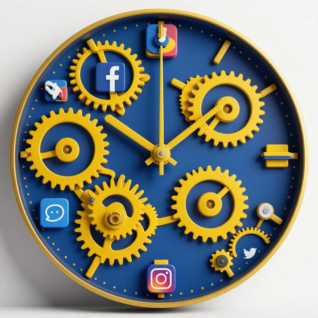 A vibrant clock made of social media icons surrounded by gears, symbolizing Facebook Ad Manager updates.