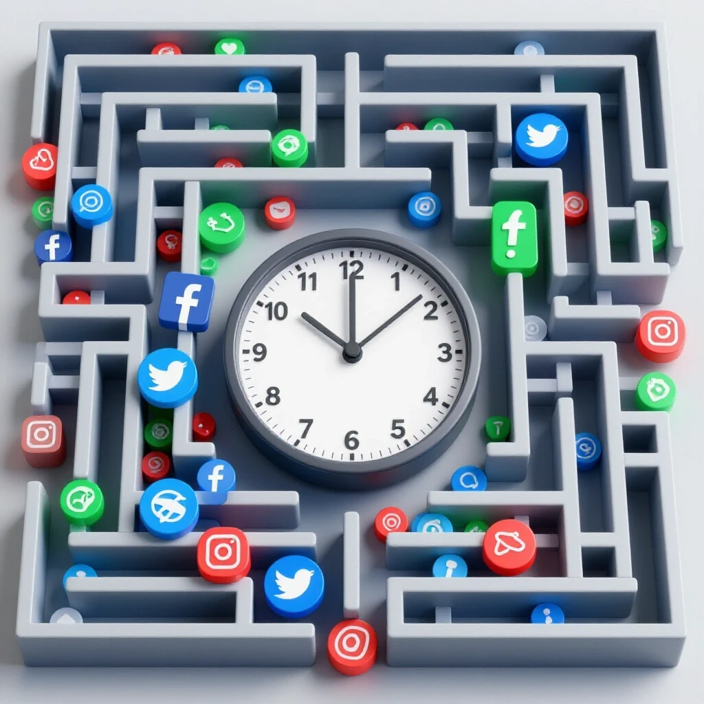 A vivid 3D visual of a clock surrounded by tangled social media icons, representing Facebook ad restrictions and urgency.