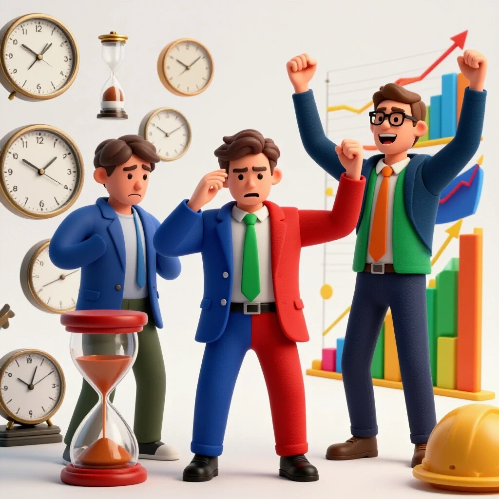 A split-screen image showing a frustrated marketer with clocks on one side and a relieved marketer celebrating sales growth on the other side.