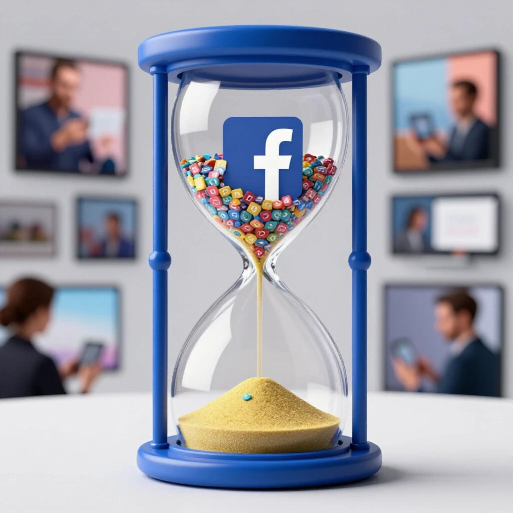 A vibrant hourglass filled with social media icons on a bright background, symbolizing Facebook ad review waits.
