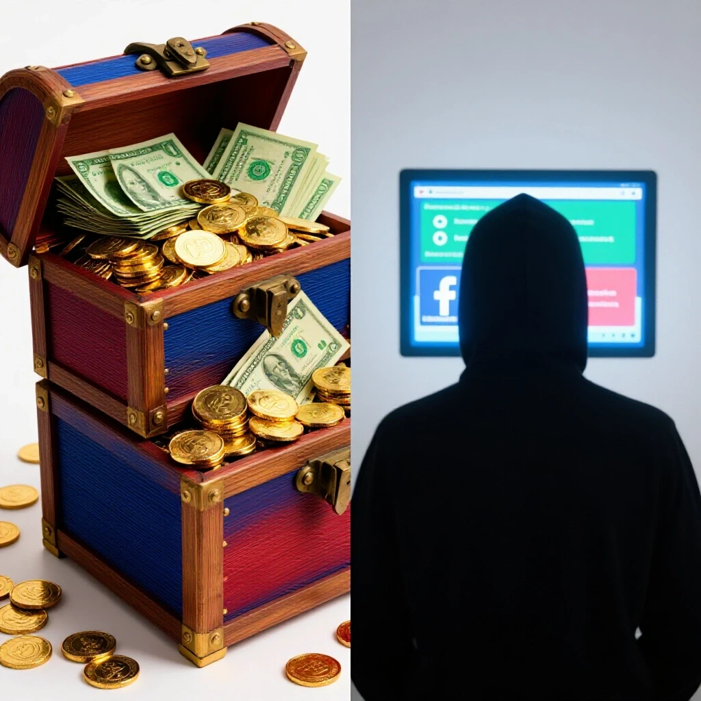 A vibrant treasure chest overflowing with coins and a shadowy figure looking at Facebook ads, symbolizing political ad spending.