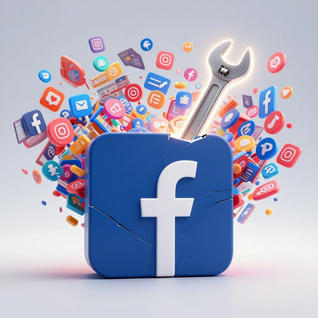 A broken Facebook logo with a glowing wrench against a chaotic background of social media icons, symbolizing solutions.