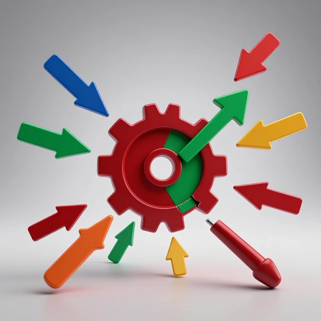 A broken gear symbolizing Facebook Ads errors, surrounded by vibrant colors and arrows suggesting repair solutions.