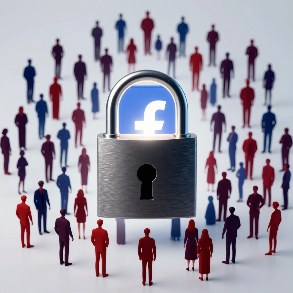 A central locked padlock with a glowing Facebook logo behind it, surrounded by silhouettes of frustrated entrepreneurs in a brightly lit setting.