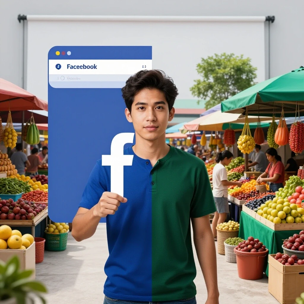 A split image showcasing a vibrant Facebook interface and a lively Filipino marketplace, illustrating social media marketing dynamics.