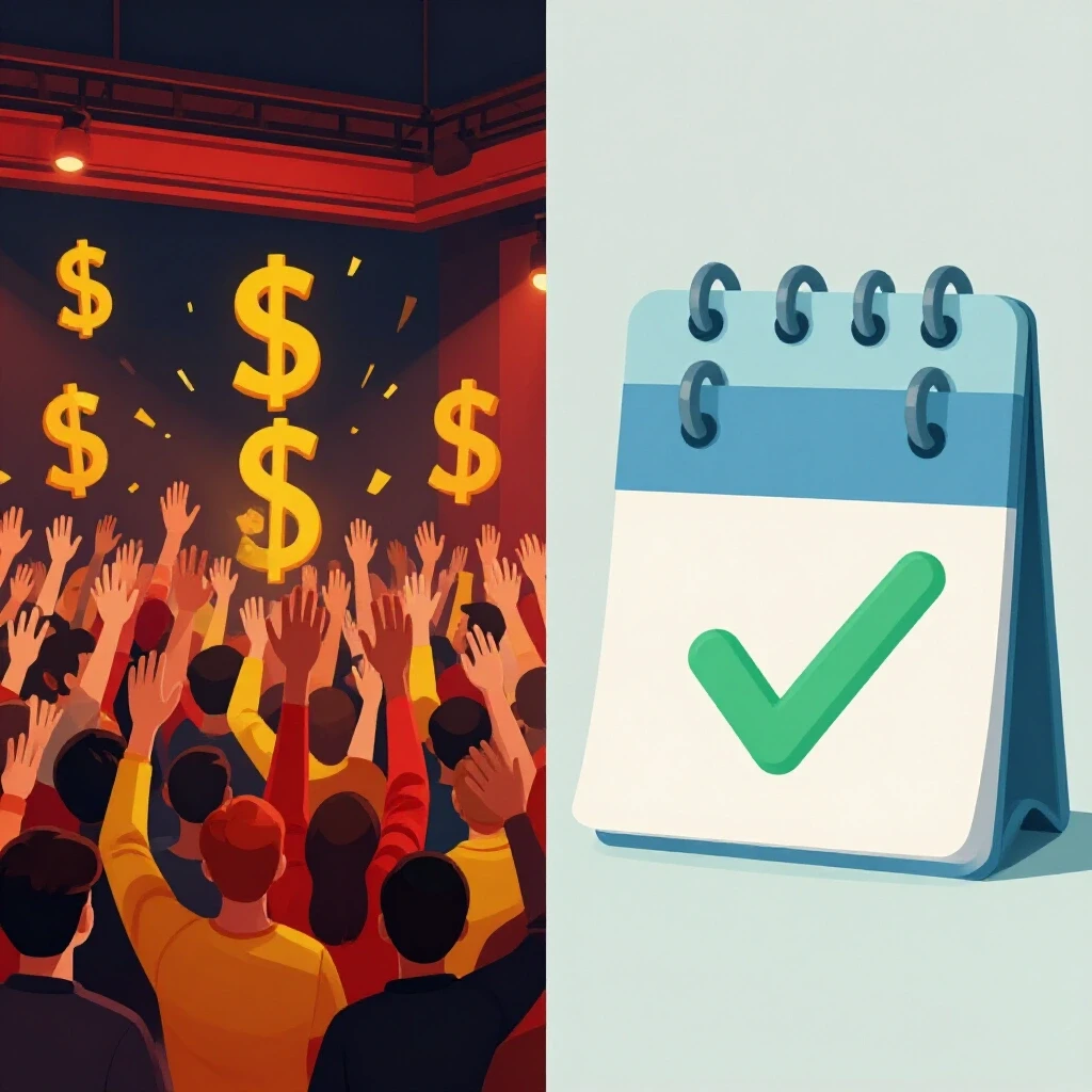 A split-screen image comparing an auction with lively bidding elements on one side and a serene reservation setting with a calendar on the other.