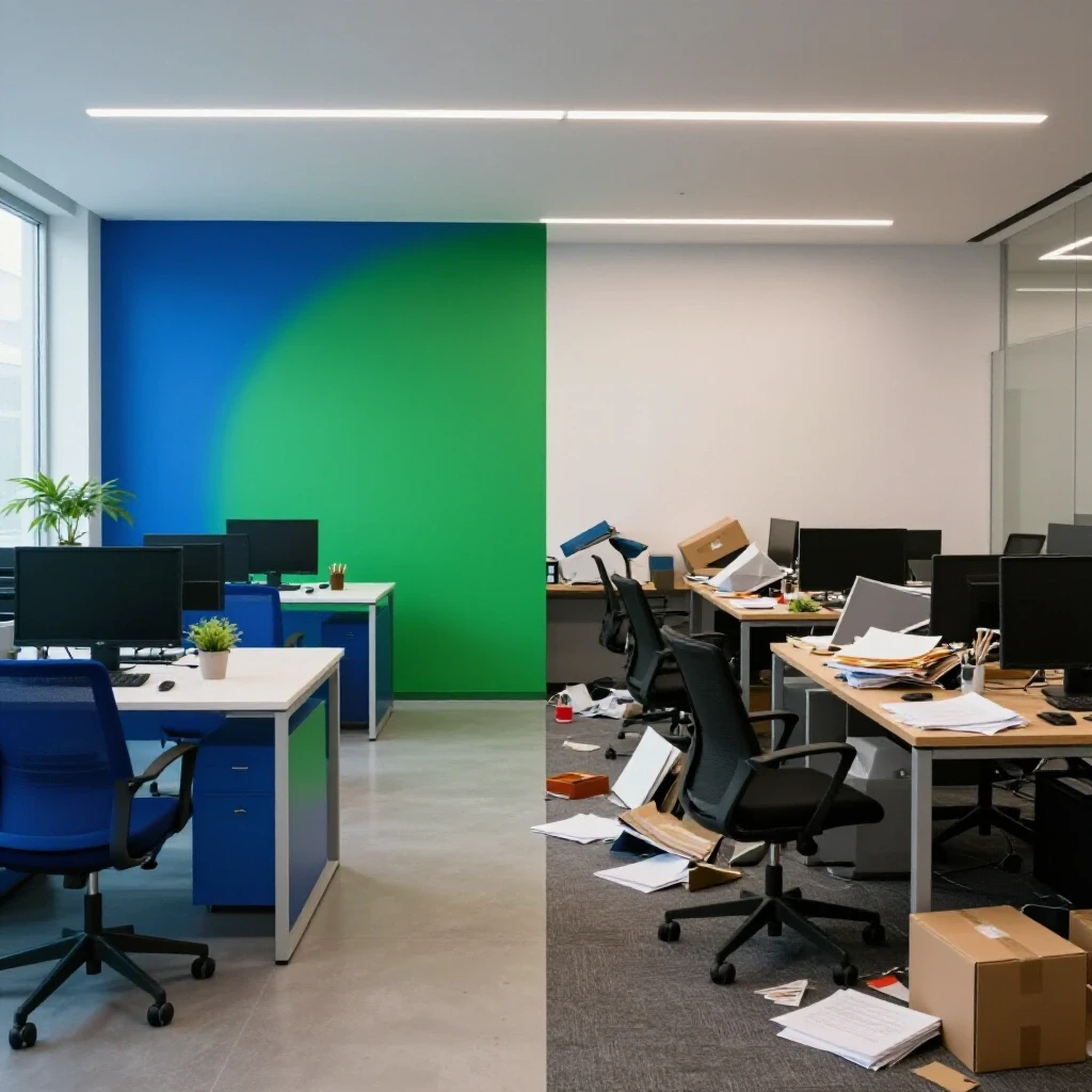 A split-image showing a modern office on one side and a cluttered workspace on the other, illustrating Facebook Ads comparison.