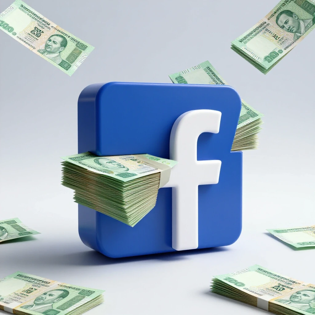 Vibrant Facebook logo transforming into a stack of Bangladeshi currency notes on a bright background.