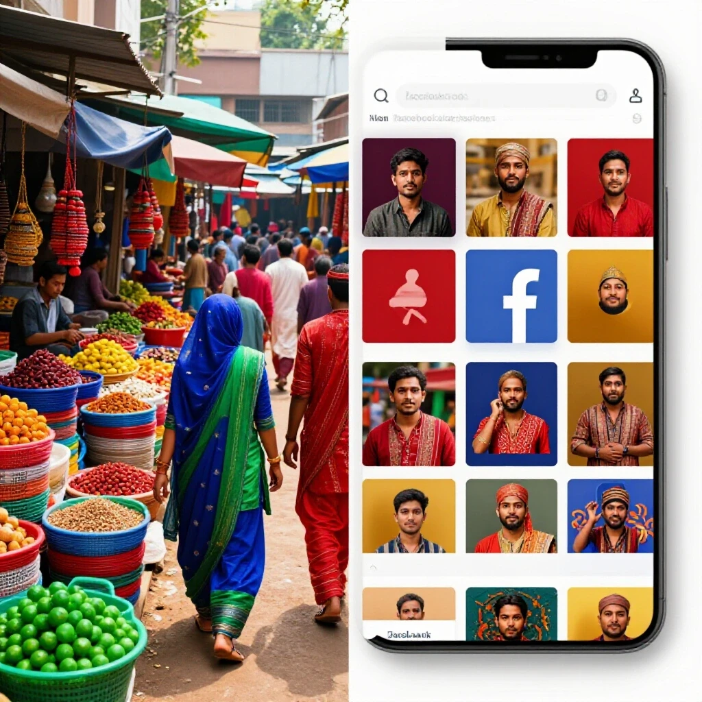 Split-screen image showing traditional Bangladeshi market scene contrasted with Facebook ads interface.