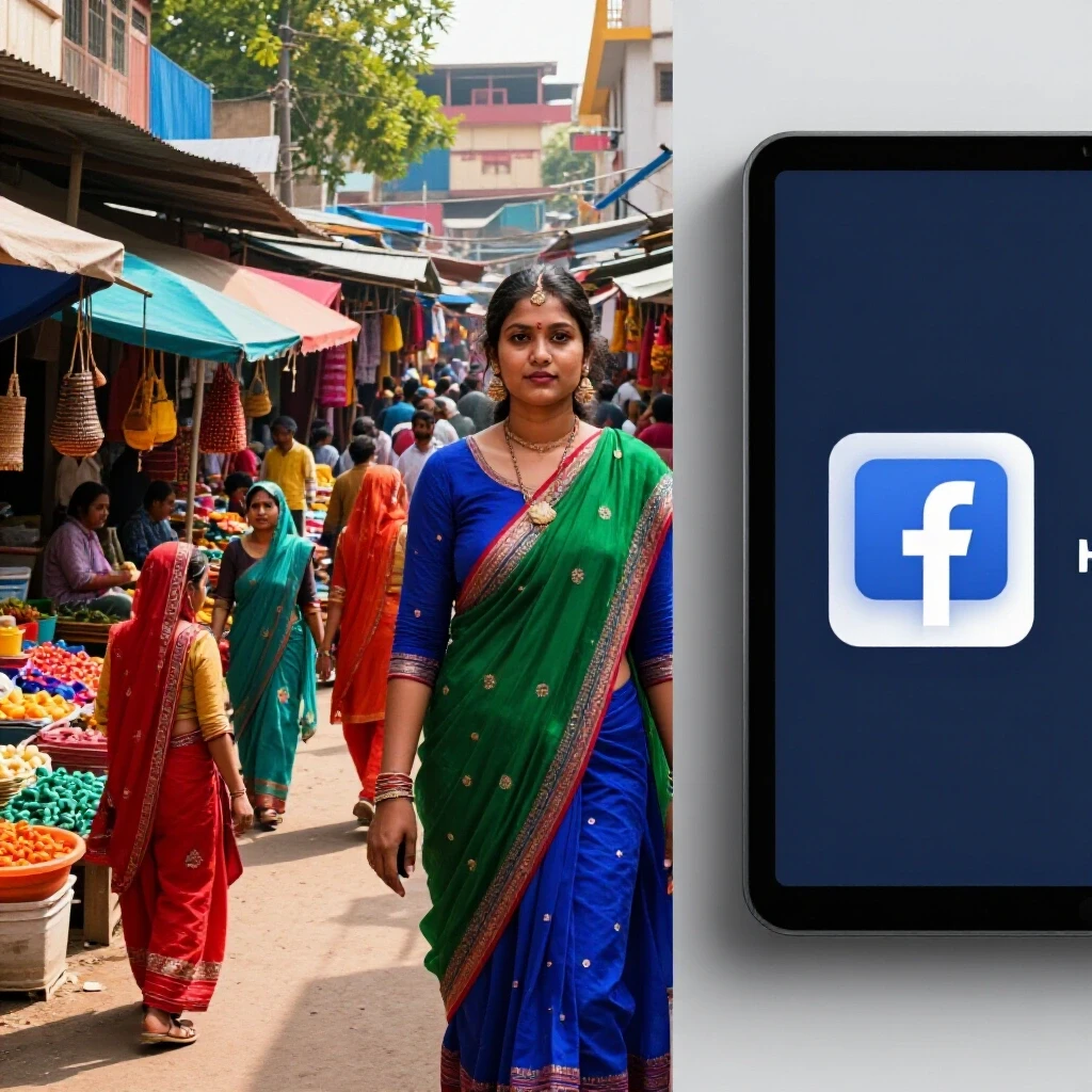 Split-image showing a bustling Bangladeshi marketplace alongside a sleek Facebook Ads interface, highlighting modern and traditional business.