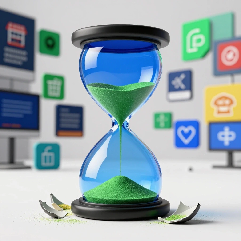 A broken hourglass spilling sand, surrounded by industry icons, illustrating urgency in advertising benchmarks.