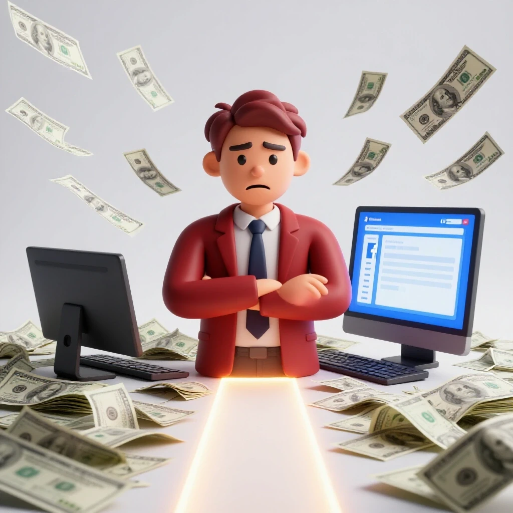 Frustrated marketer amid tangled dollar bills and a chaotic Facebook Ads screen, leading to a serene workspace.