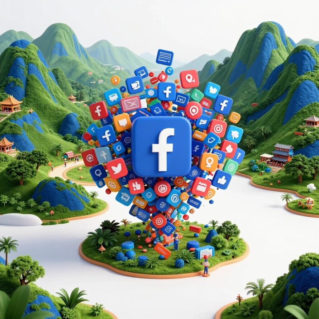 Vibrant Philippine landscape blending into a digital marketplace with social media elements symbolizing Facebook Ads transformation.