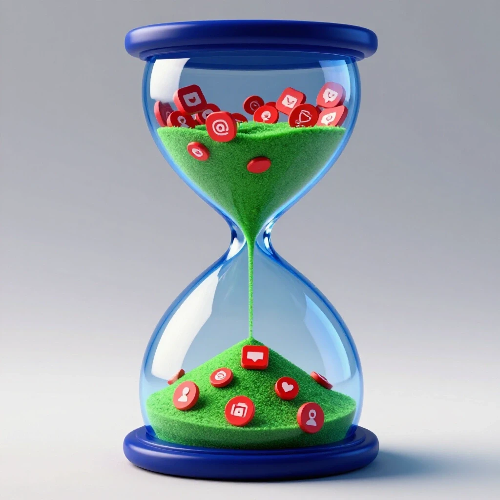 Vibrant hourglass filled with social media icons representing engagement metrics, illustrating urgency in ad optimization.