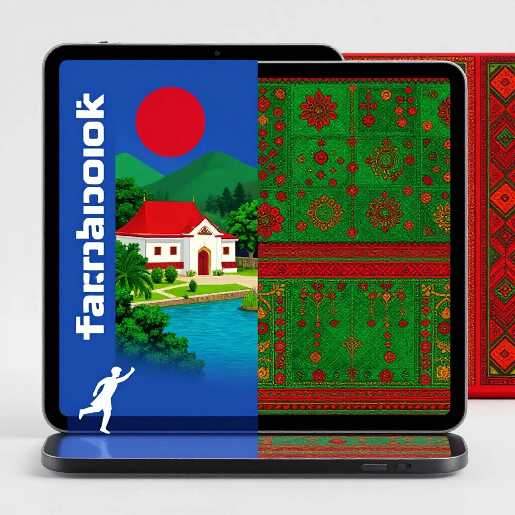 A vibrant split composition featuring a Facebook ad on a tablet alongside traditional Bangladeshi patterns and landscapes.