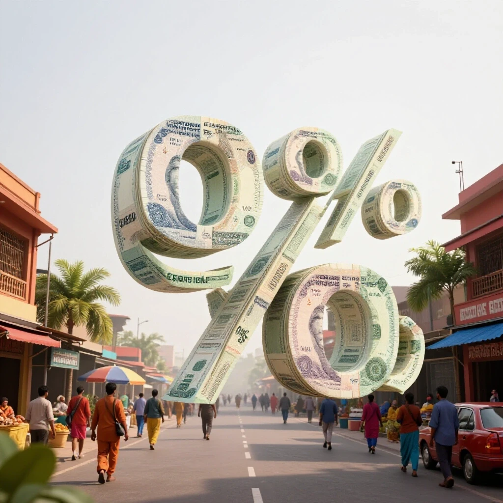 A vibrant street scene in Bangladesh with an oversized Facebook logo made of currency notes, symbolizing ad costs.