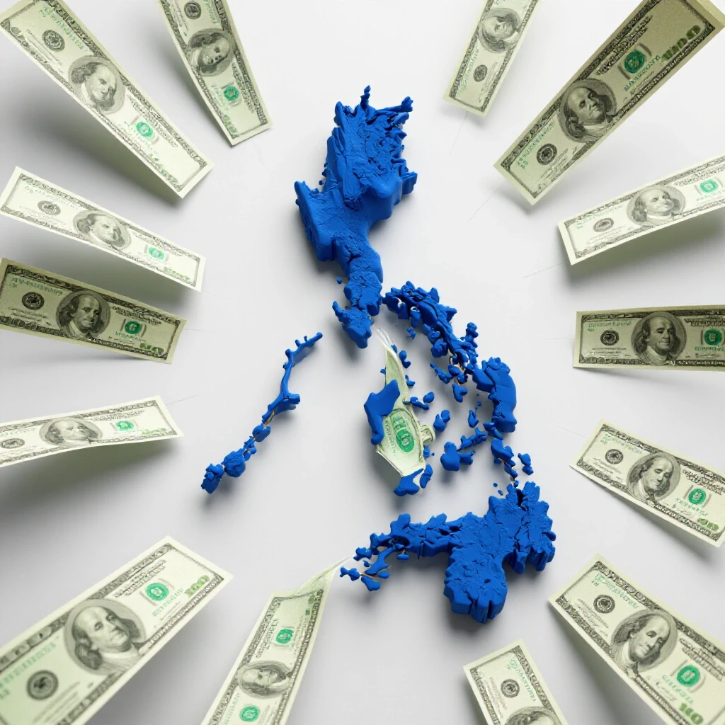 A vibrant 3D map of the Philippines overlaid with flowing dollar bills representing Facebook ads investment.