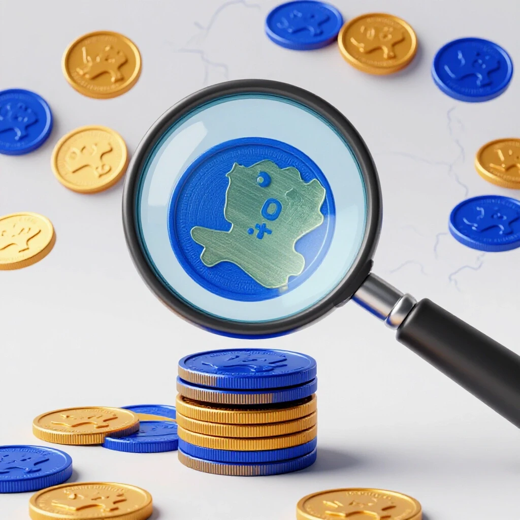 A magnifying glass above a stack of colorful coins, with a subtle outline of Bangladesh in the backdrop, symbolizing insights on Facebook Ads costs.