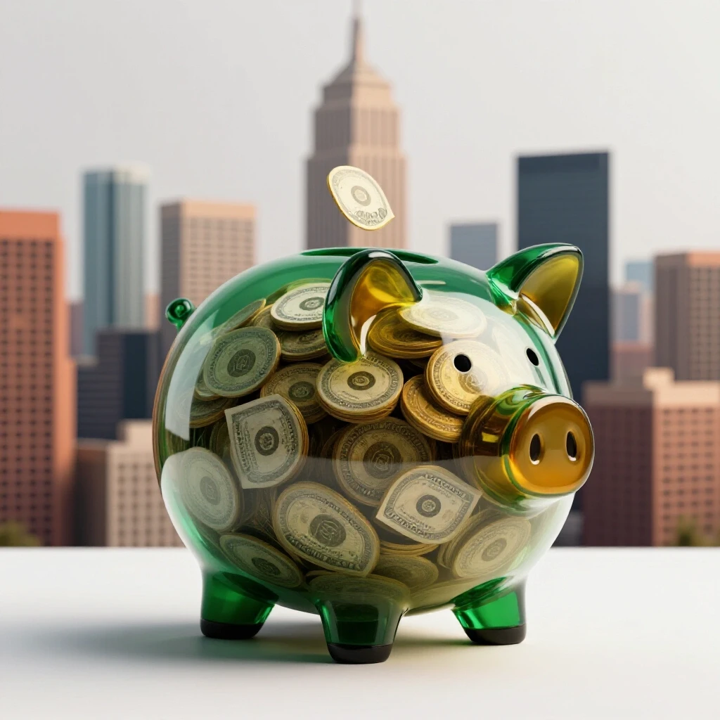 Illustration of a transparent piggy bank filled with money set against a vibrant city skyline, highlighting savings opportunities in real estate.