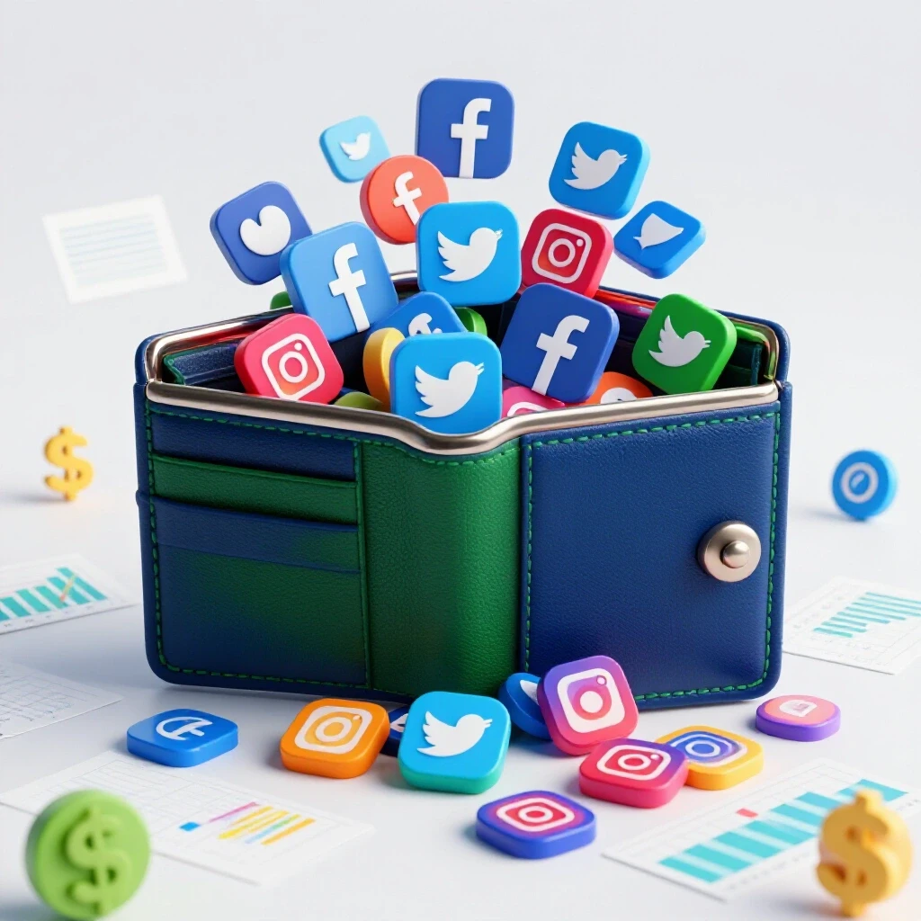 A vibrant 3D-rendered wallet overflowing with social media icons against a bright digital landscape of graphs and dollar signs.