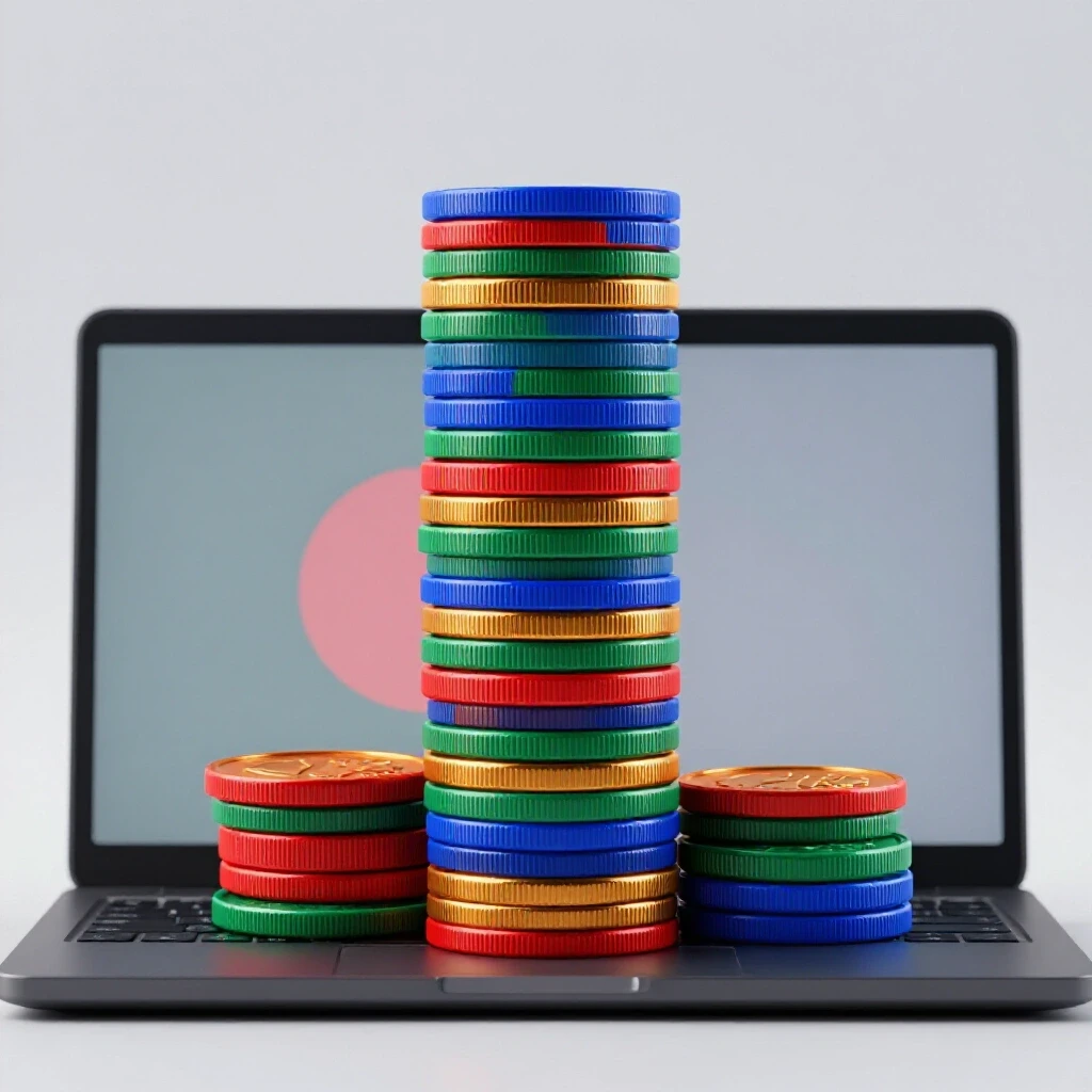 A vibrant stack of coins rising from a digital screen, symbolizing growth, with the Bangladesh flag subtly integrated in the background.