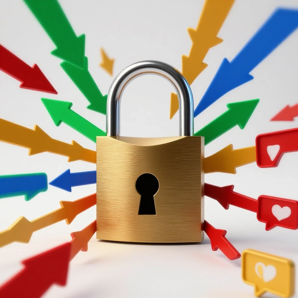 3D image of a large open padlock surrounded by colorful arrows representing engagement metrics