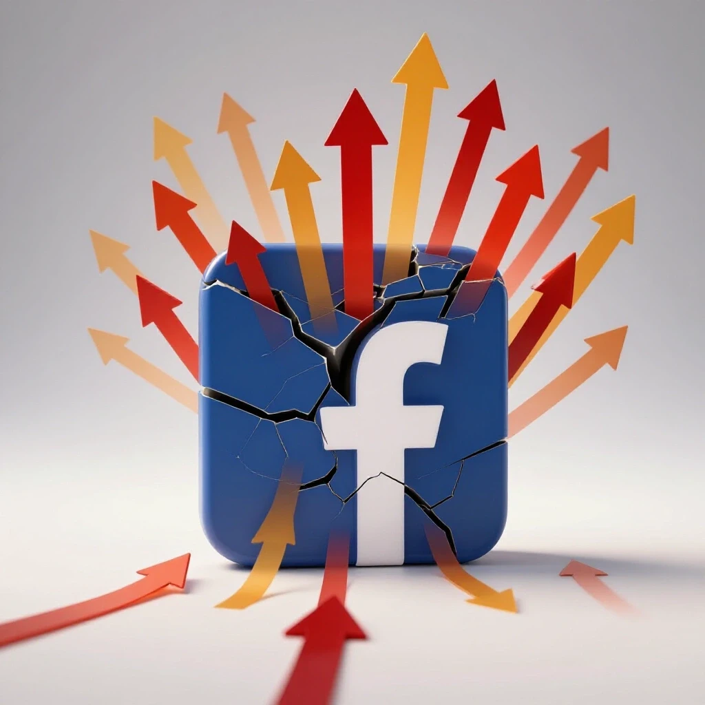 A broken Facebook logo with vibrant upward arrows symbolizing resilience, set against a clean, bright background.