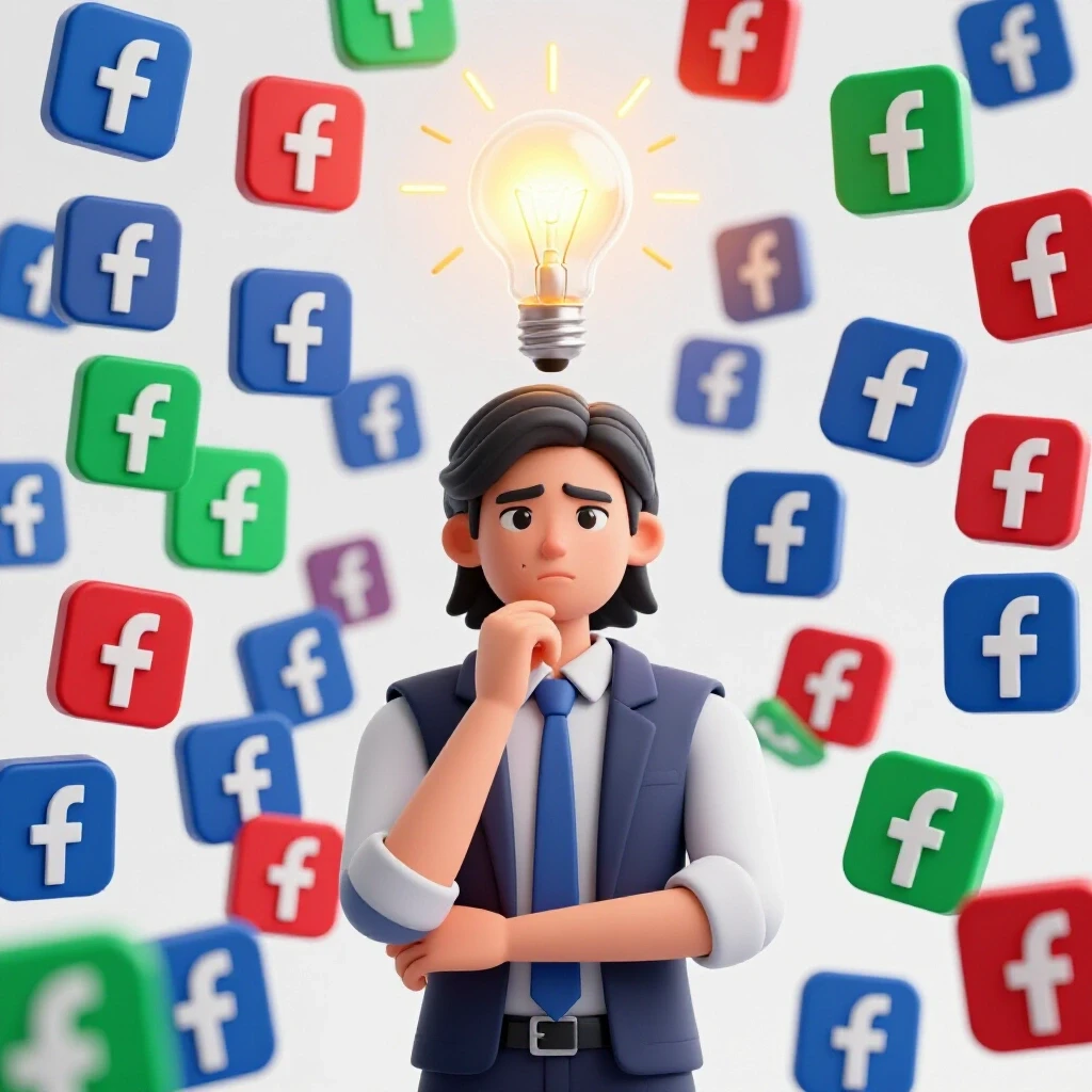 A concerned Filipino business owner with falling Facebook logos around them and a glowing light bulb above their head representing new ideas.