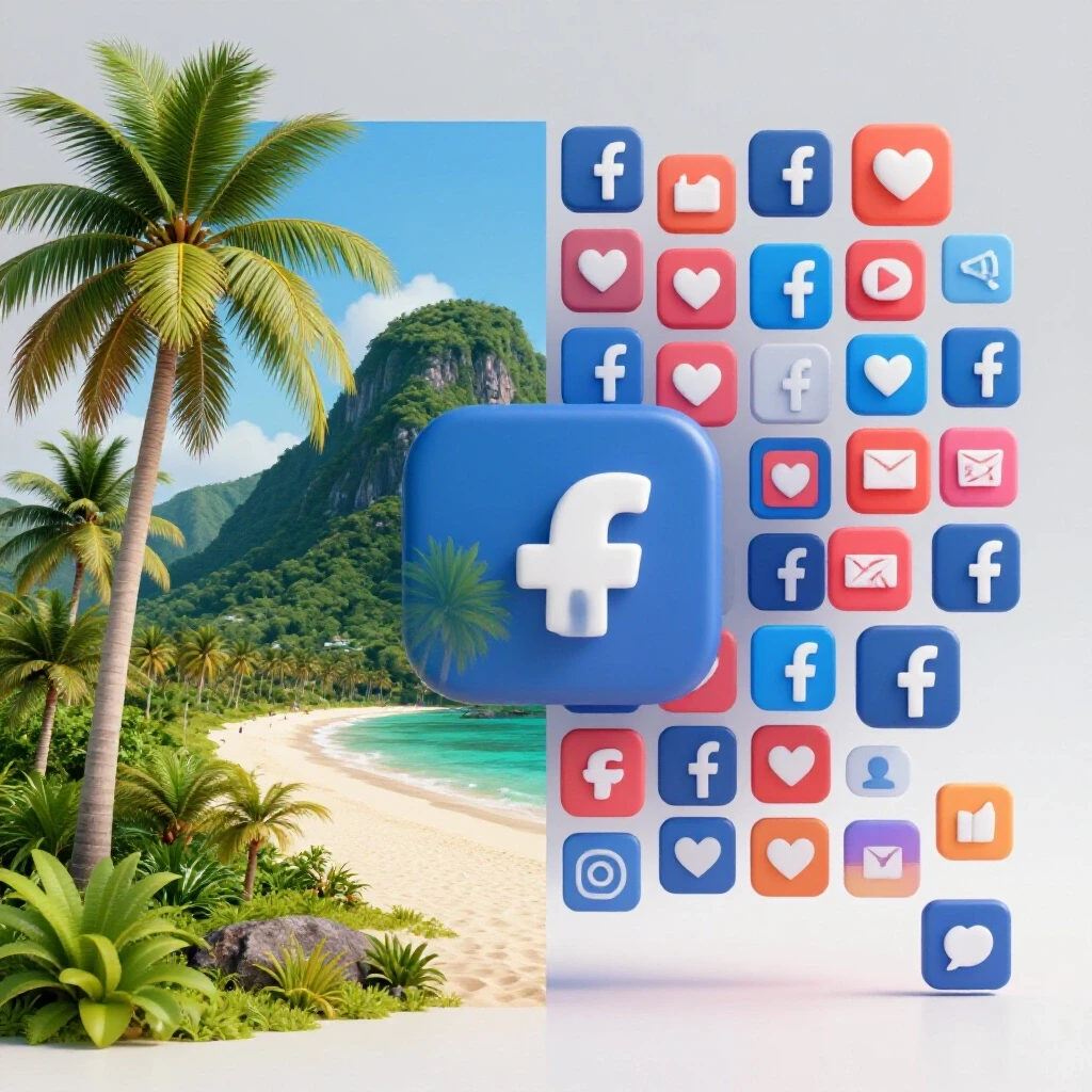 Vibrant tropical landscape with palm trees and beach, digitally overlaid with social media icons and metrics, evoking curiosity about Facebook ads in the Philippines.