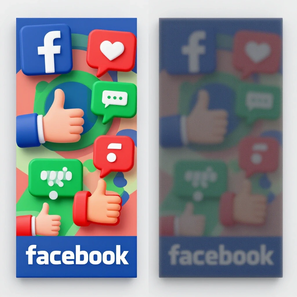 A split image comparing an engaging Facebook ad with vibrant colors to a fading, overlooked ad to illustrate user interaction.