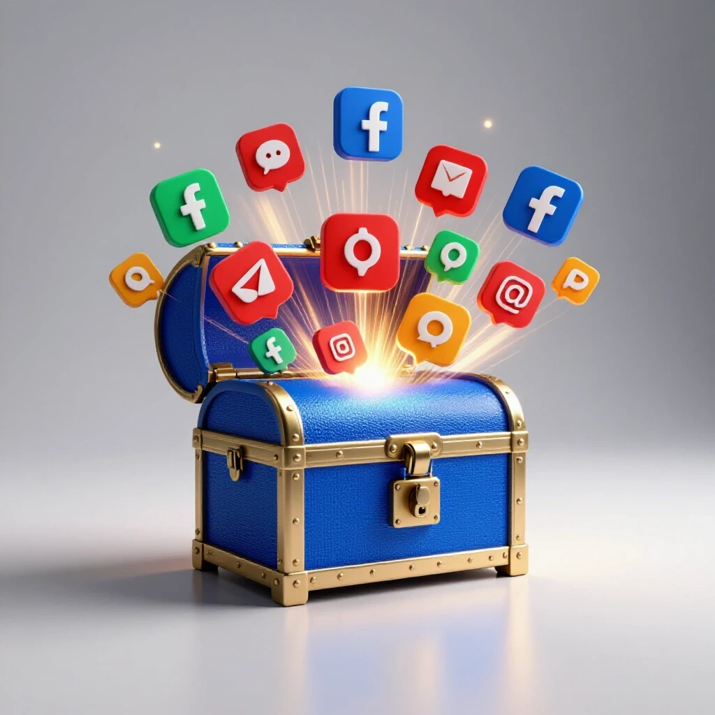 A shiny locked treasure chest with vibrant social media icons bursting out, symbolizing engagement secrets in Facebook Ads.