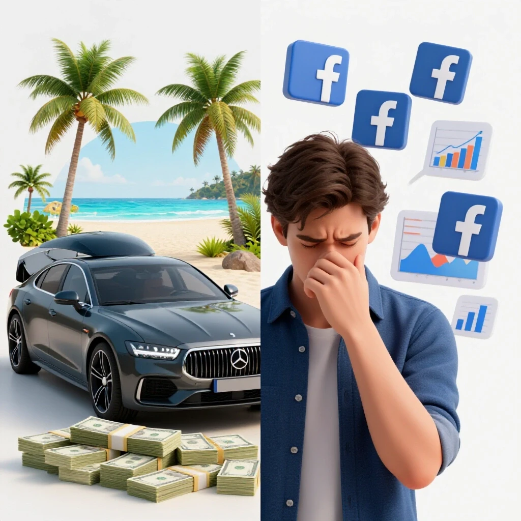 Contrasting visuals of luxury symbols and social media analytics representing the duality of a Facebook Ads expert's career.