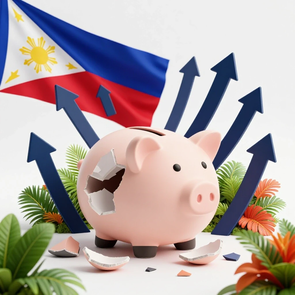 A broken piggy bank encircled by tropical flora and arrows pointing upwards, symbolizing growth in Facebook Ads in the Philippines.
