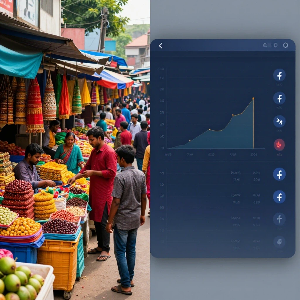 A split-screen image contrasting a colorful street market in Bangladesh with a digital dashboard of Facebook ad metrics.