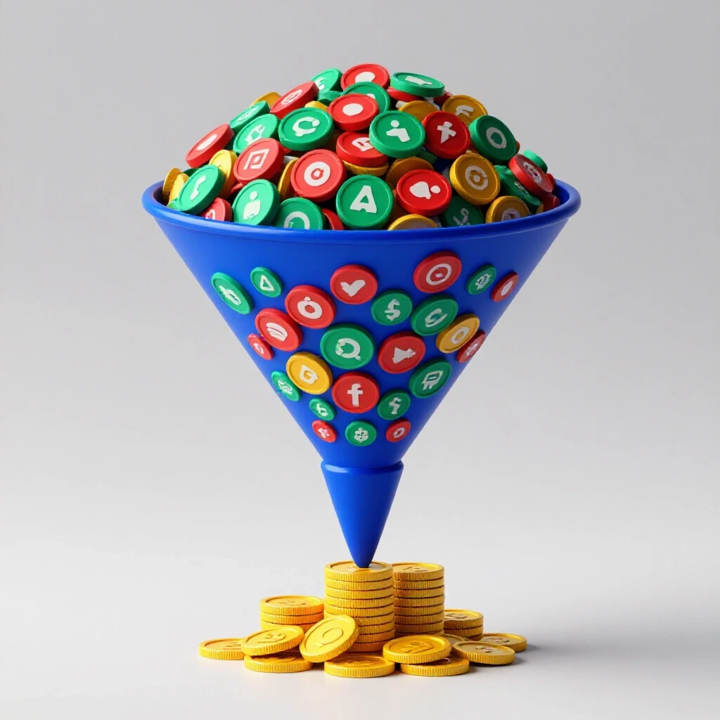 A vibrant blue funnel overflowing with colorful social media icons pouring into a pile of shiny gold coins, representing sales growth.
