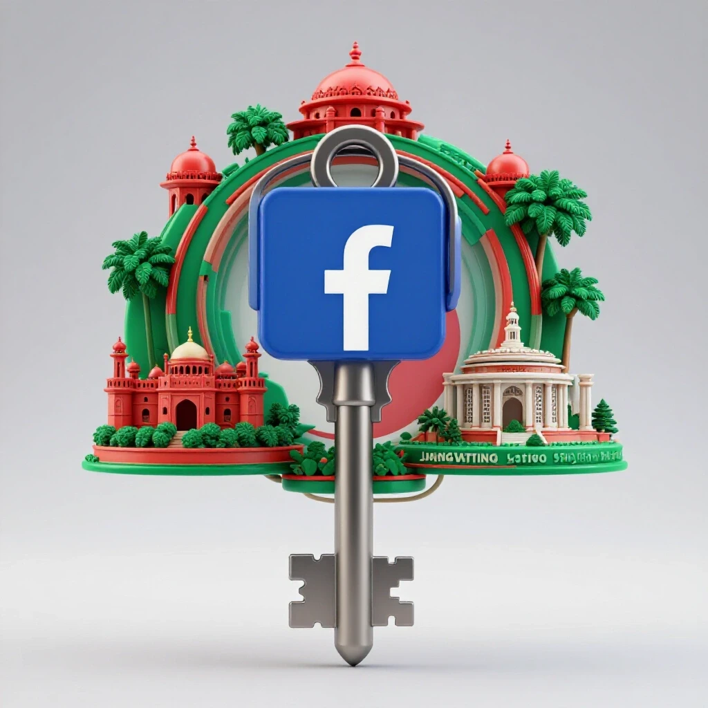 A traditional Bangladeshi key unlocking a colorful Facebook logo surrounded by local landmarks, symbolizing cultural and social media success.