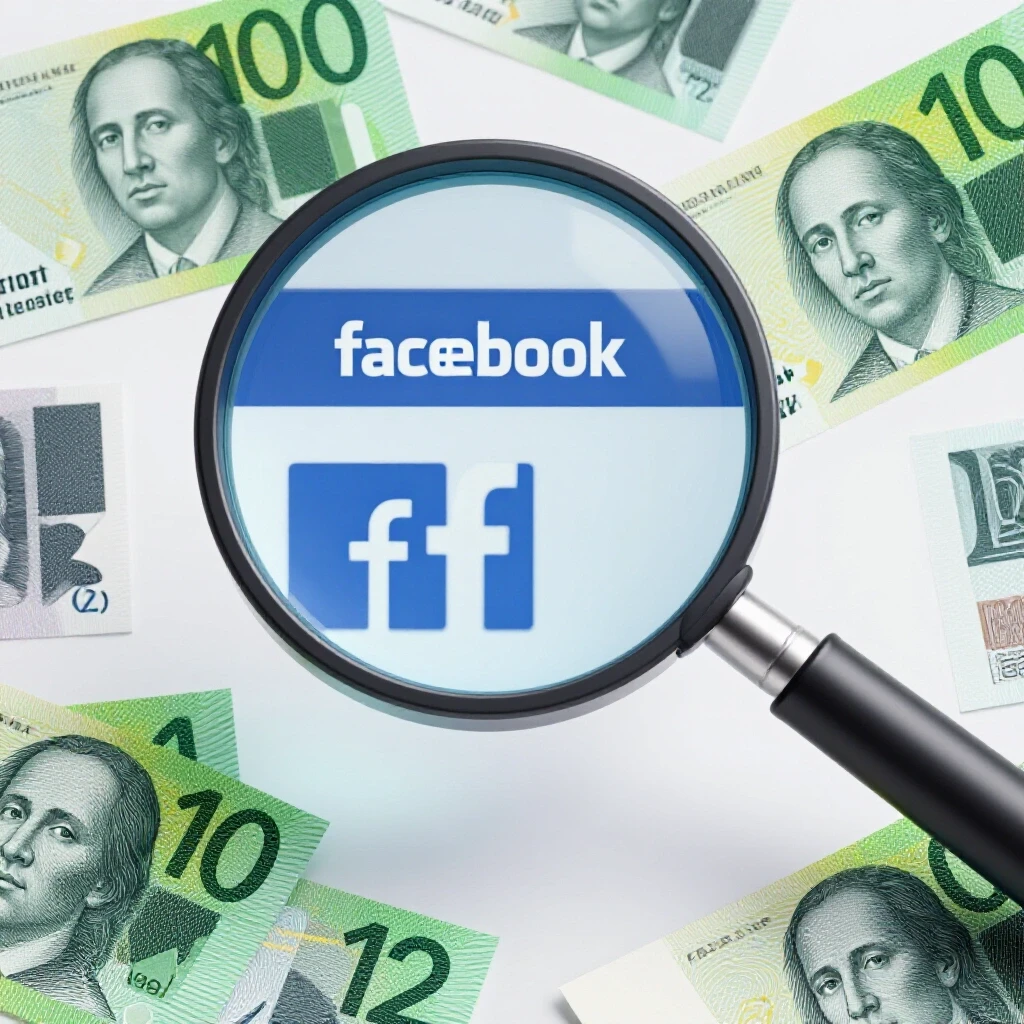 A 3D-rendered magnifying glass over a vibrant Facebook ad interface with NZ currency symbols in the background.