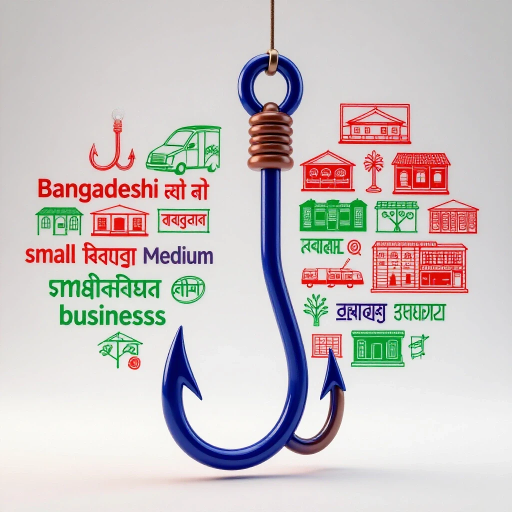 A vibrant fishing hook intertwined with symbols of Bangladeshi SMBs, set against a bright white background.