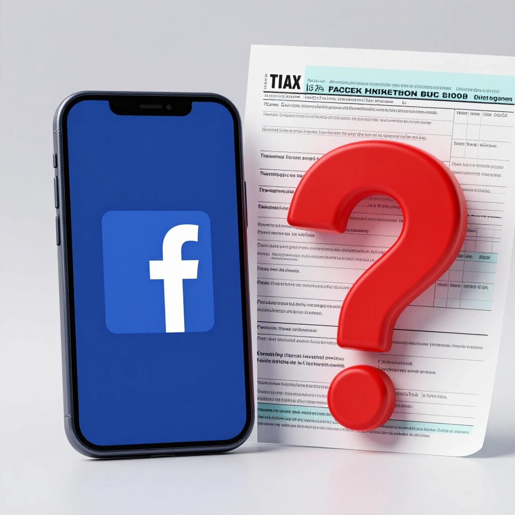 A vibrant Facebook ad on a smartphone contrasts with a looming tax form and a playful question mark.