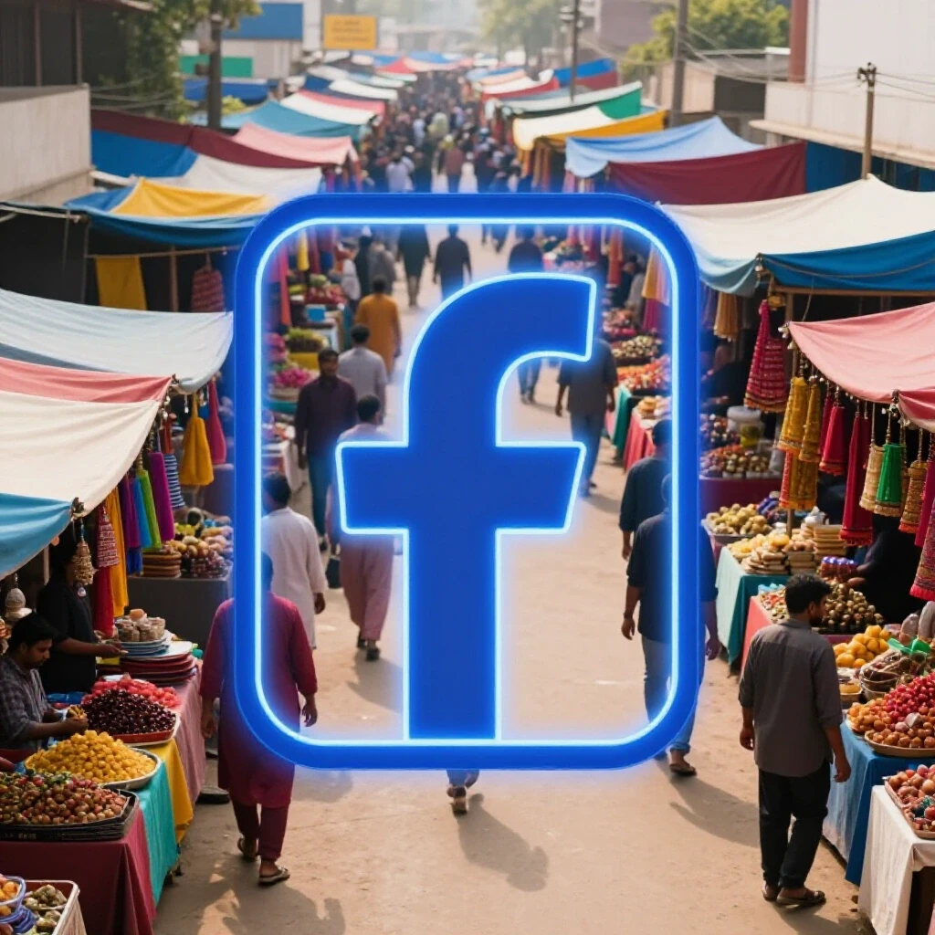 Glowing Facebook logo in vibrant royal blue set against a lively Bangladeshi market scene with colorful stalls.