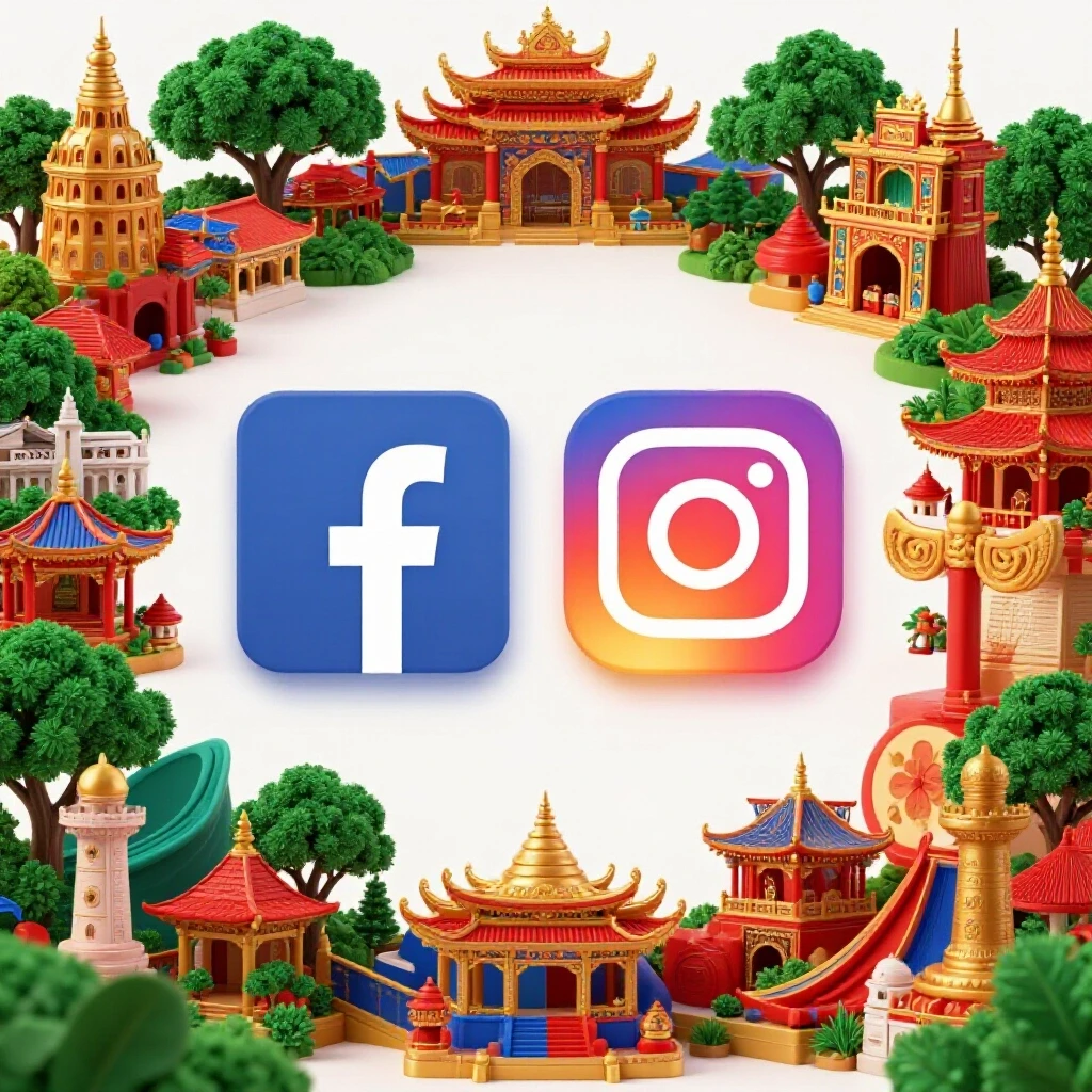 A split-image of Facebook and Instagram logos merging, highlighted by vivid Filipino cultural elements, showcasing social media synergy.