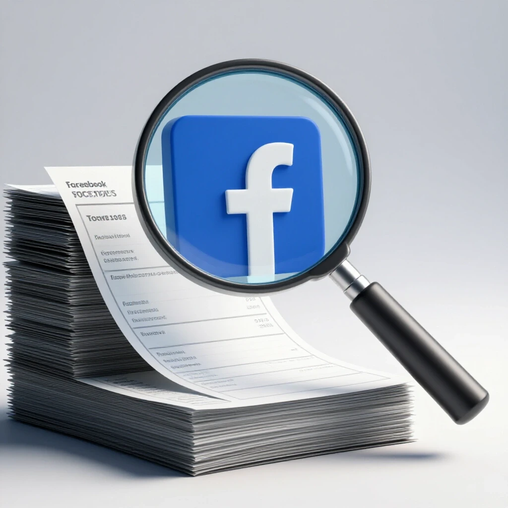 A magnifying glass over a blue Facebook logo amidst a stack of invoices, symbolizing clarity in Facebook Ads invoicing.