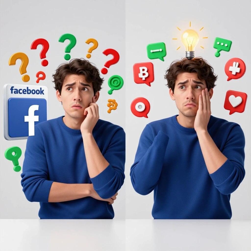 A split-screen image showcasing confusion with Facebook ads in a foreign language on one side, and clarity with translation icons on the other.