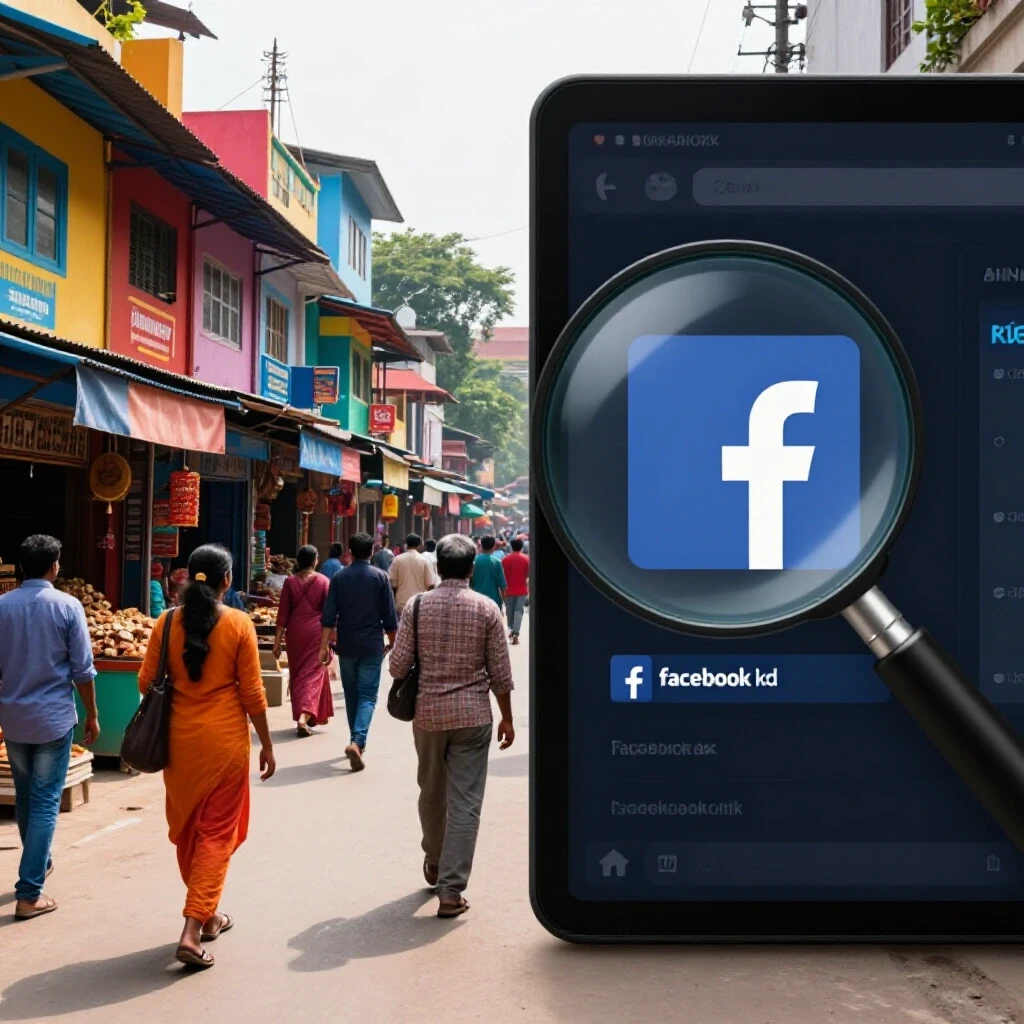 A split image showing a vibrant street scene in Bangladesh contrasting with a dark digital interface of Facebook ads, highlighting curiosity.
