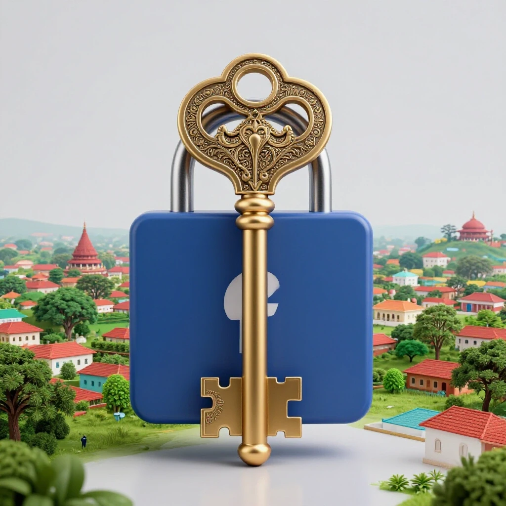 Intricate ornate key partially hidden by a Facebook logo lock, set against a vibrant Bangladeshi landscape.