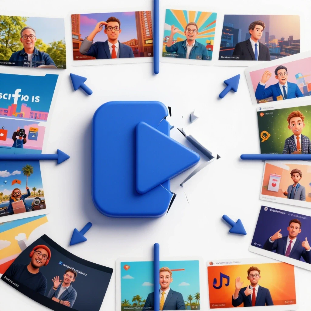 A juxtaposition of a broken play button and vibrant Facebook video thumbnails, designed to evoke curiosity.