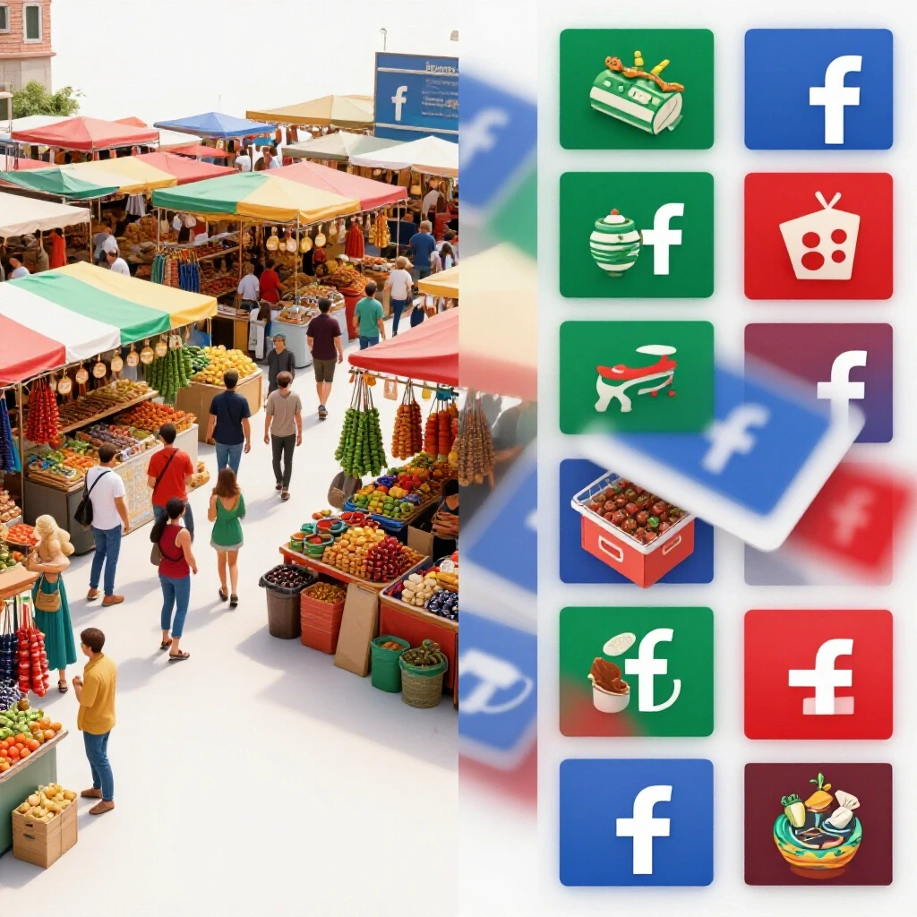 A vibrant split image showing a busy marketplace on one side and overlapping Facebook ad thumbnails on the other, illustrating ad management decisions.