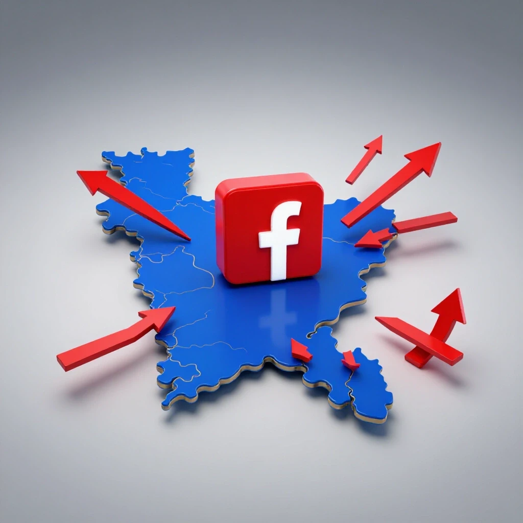 3D map of Bangladesh with a Facebook logo, arrows, and graphs symbolizing advertising growth.