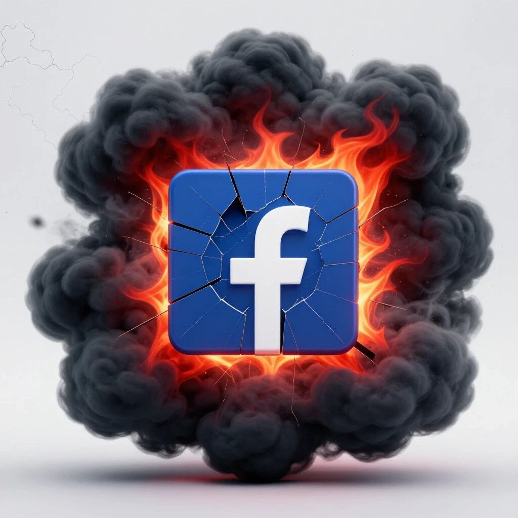 A shattered Facebook logo encapsulated in a chaotic dark storm, symbolizing disruption, with a Bangladesh map detail.