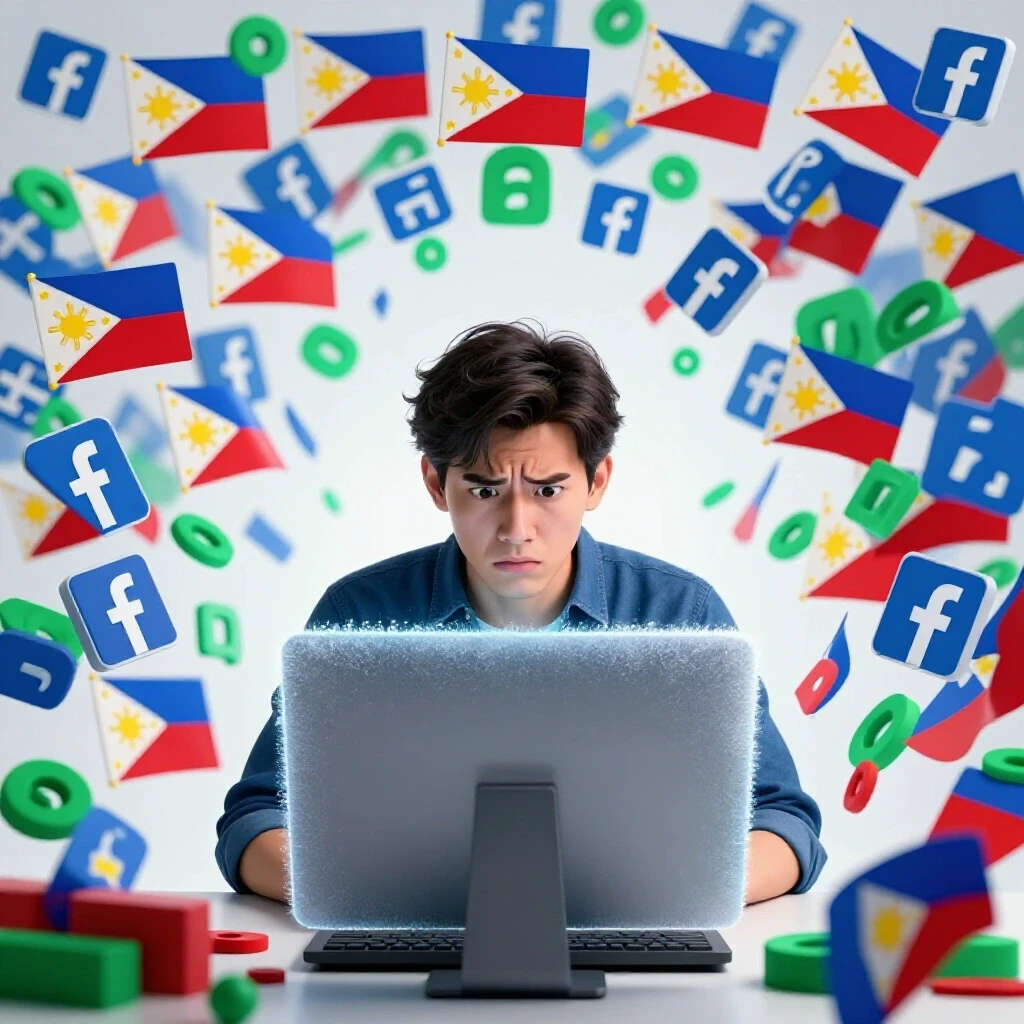 A frustrated user staring at a frozen computer screen with swirling Philippine symbols and Facebook logos, creating urgency.